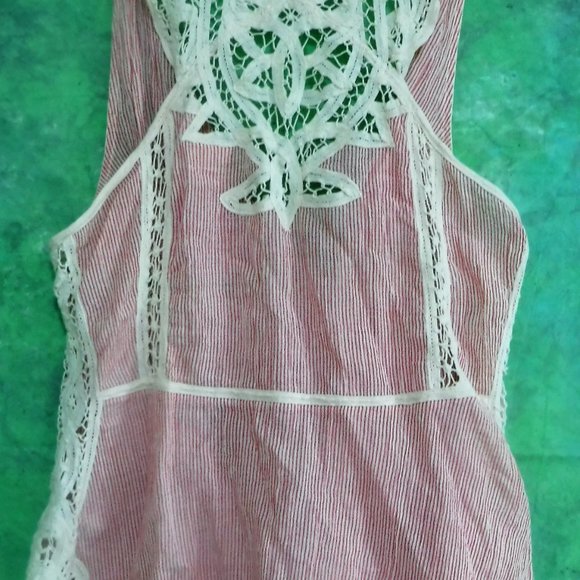 Free People Vintage Boho NEW Lace Red Ivory Stripe - Picture 4 of 6